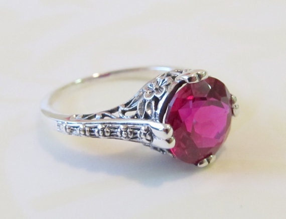 Vintage Style Sterling Silver Ruby Filigree Engagement Ring Size 6.75 ...