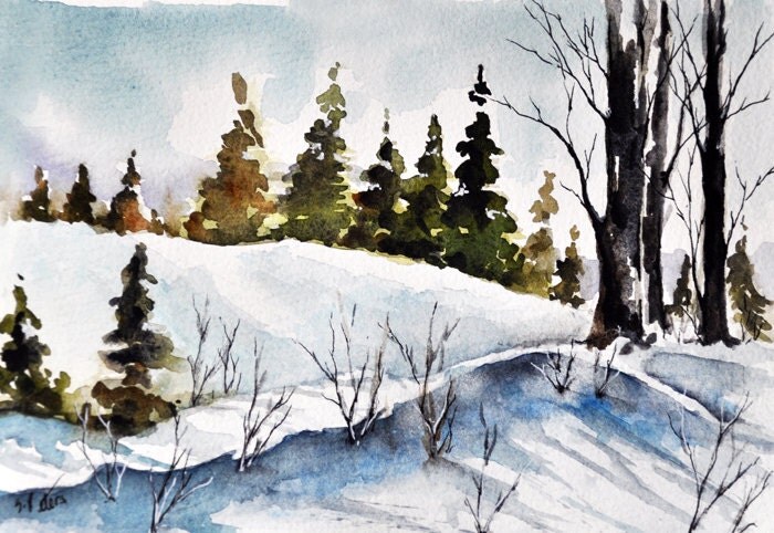 ORIGINAL Watercolor Painting Winter Snow Mountain Landscape