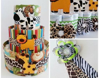 Safari Baby Shower Decor, Jungle Themed Diaper Cake, Safari Mommy to Be Corsage, Baby Shower Table Centerpieces, Jungle Mini Diaper Cakes