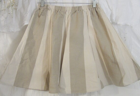 Cotton Short Striped Circle Skirt with Elast Waist Ivory and