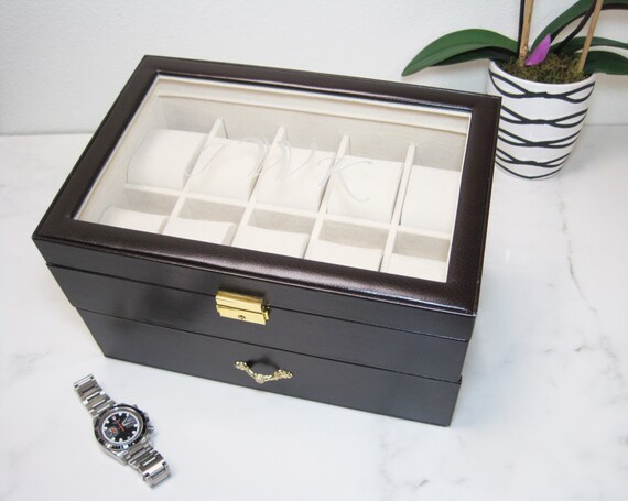 Personalized 20 Piece Brown Leather Watch Box with See Through Top ...