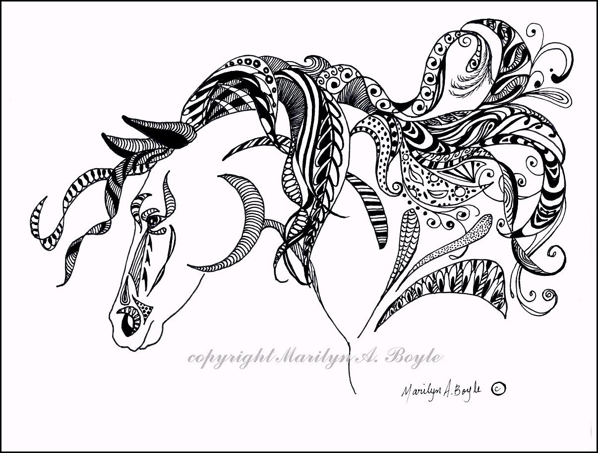 ORIGINAL INK DRAWING art zentangle doodle horse wall art