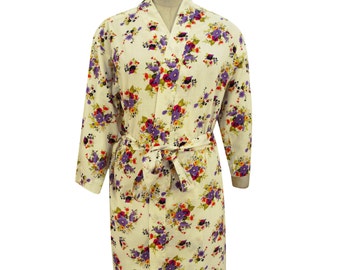 robe floral short kimono tunic beige pure wrap printed cotton fabric beach dress dia sz 2xl