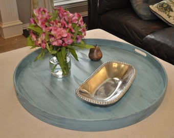30", 32" or 36" Round Large Ottoman Tray - Distressed Turquoise