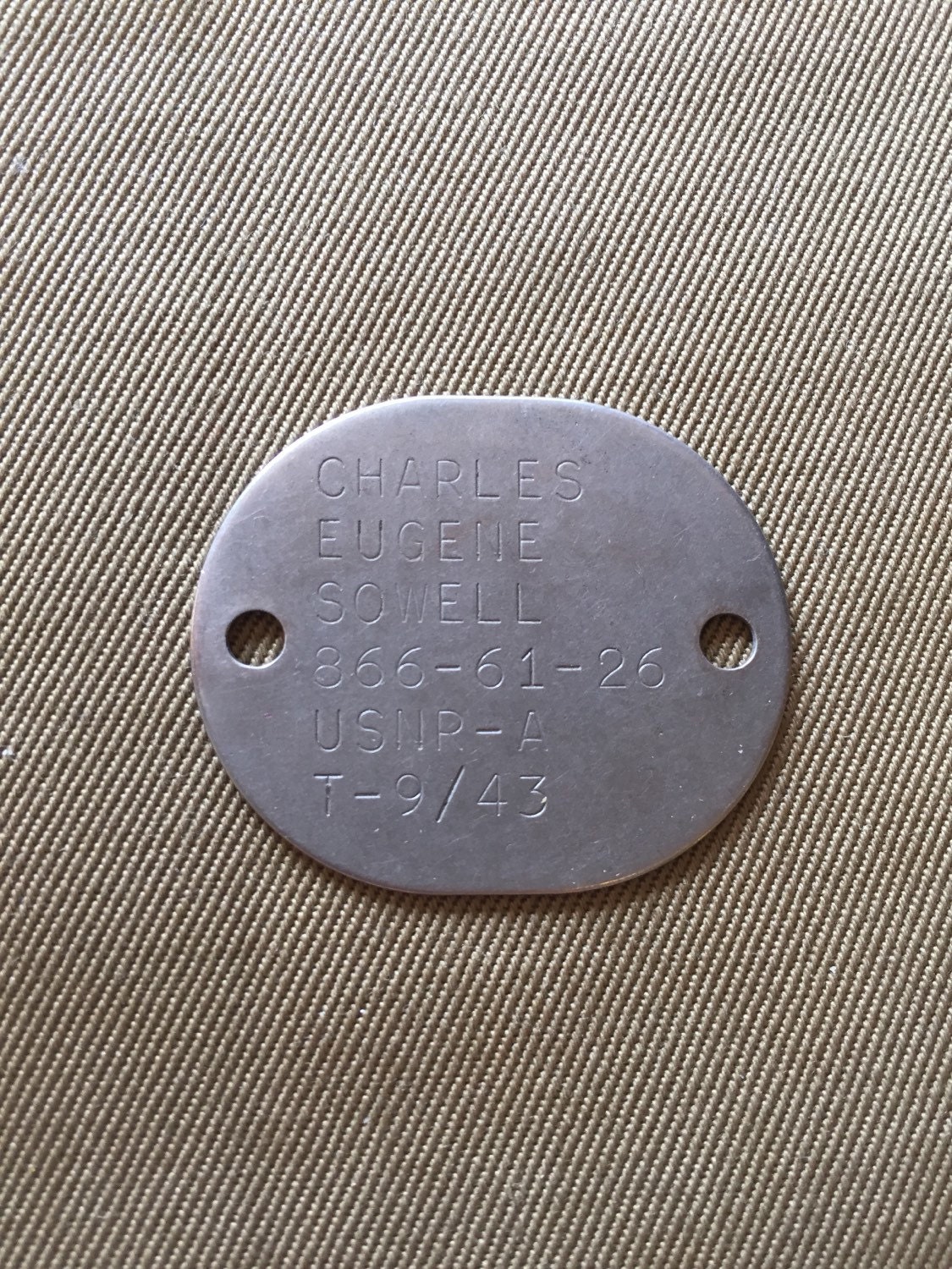 World War 2 Original USNR Dog Tag Charles Eugene Sowell 1943