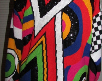 Geometric Print Art Deco Mod Psychedelic Sequin Knit Sweater Made in Hong Kong