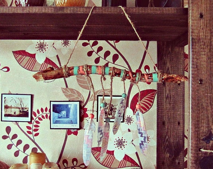 Aztec Driftwood Mobile - Native American Boy Nursery Decor - Bohemian Wall Hanging - Boho Tribal Decor - Hippie Home - Feathers wall Decor