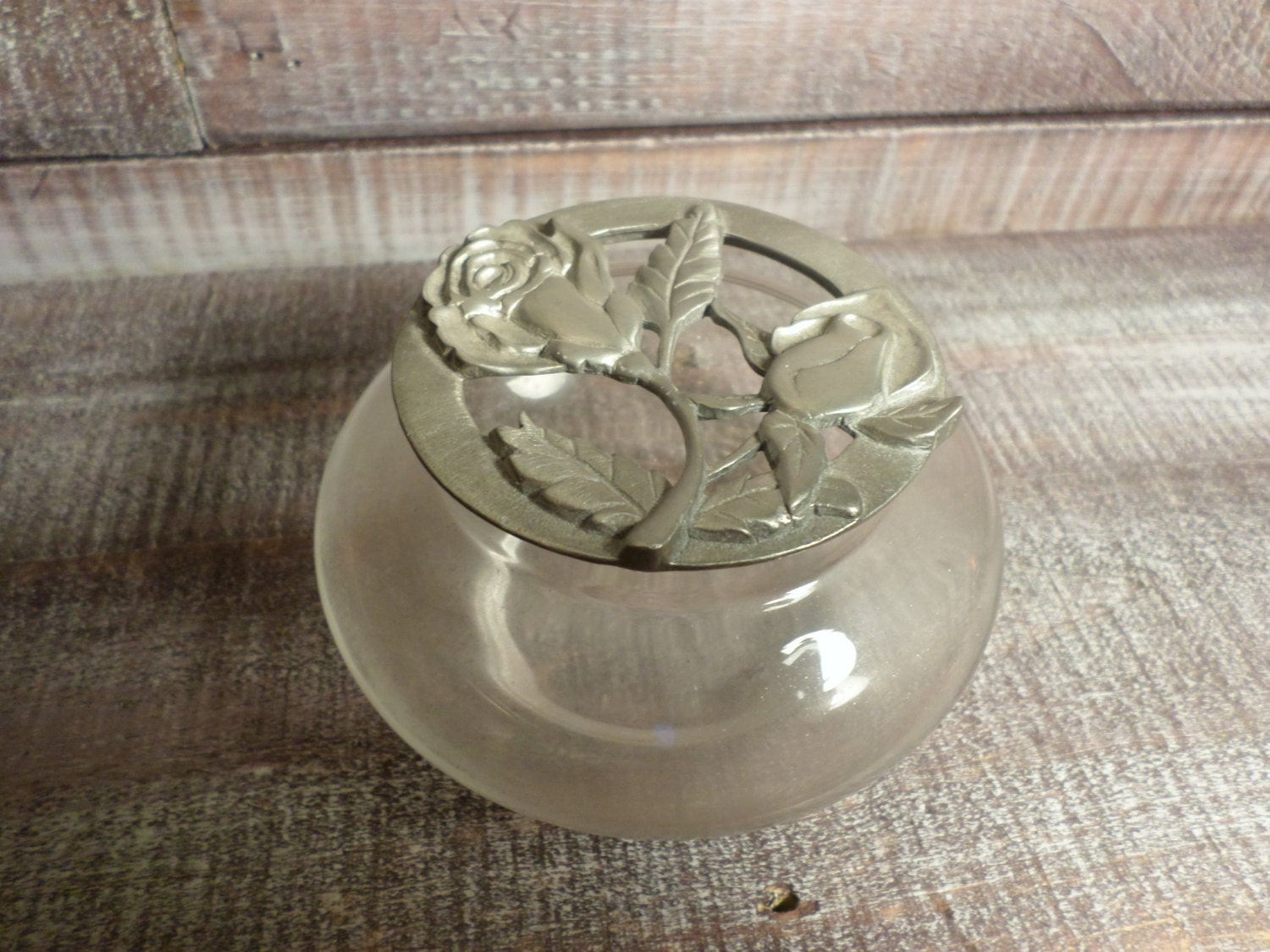 Vintage Potpourri Jar with Pewter Rose Lid by AandMVintageMarket