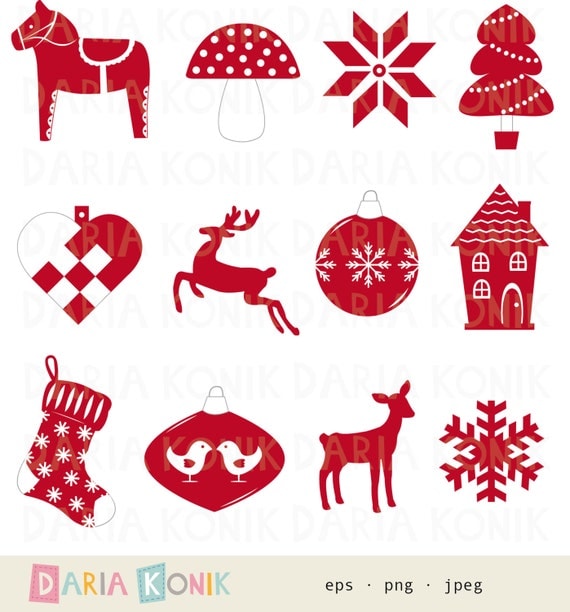 Scandinavian Christmas Clip Art Set-heart, dala horse, deer, bauble ...