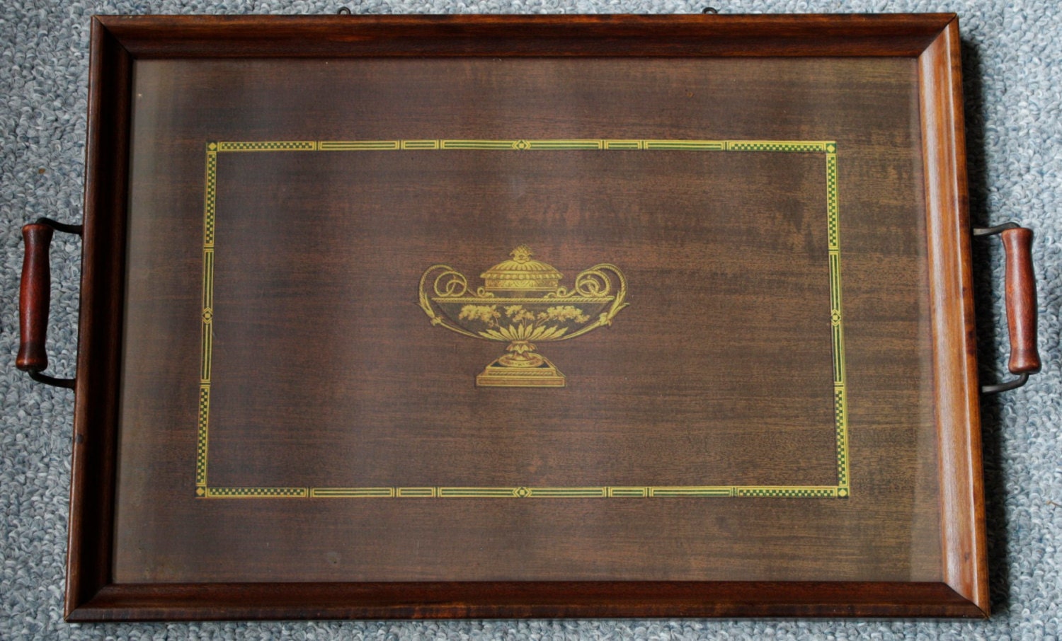 Vintage Wood Glass Top Serving Tray Dark Brown Color by Dantage