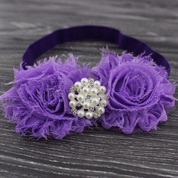 purple shabby chic headband with a pearl embellishment purple shabby chic headband with a pearl embellishment