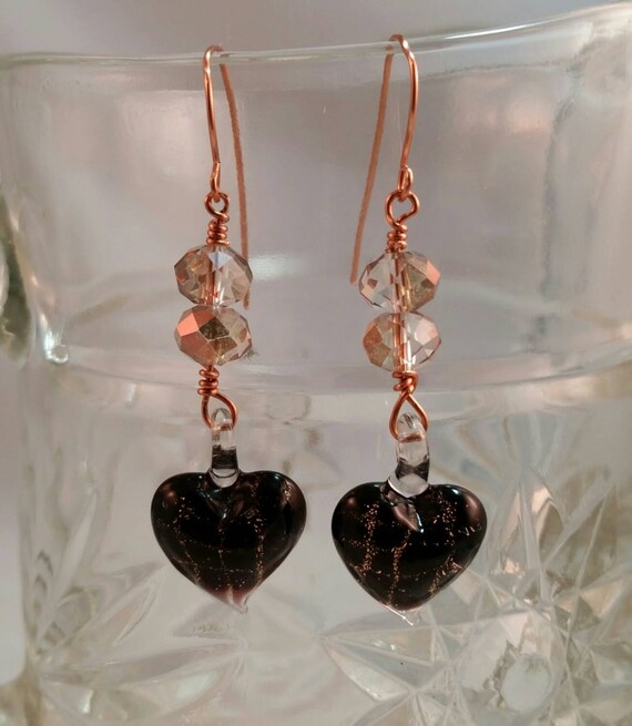 Copper glass heart earringscopper earringsheart earringsglass heart