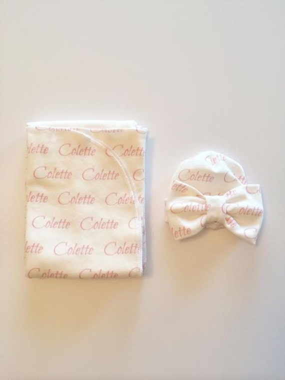 Items similar to Personalized Swaddle Blanket and Bow Hat Set Baby