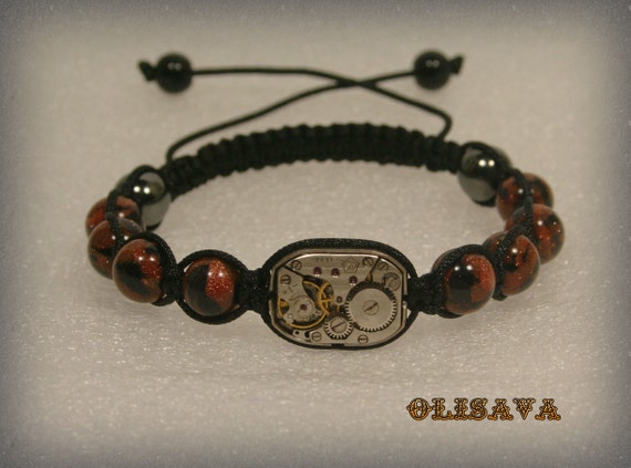 Mens Steampunk bracelet of Galaxy Goldstone Beads and old watch movement 1/2 x 3/4 ", bracelet Shamballa by Olisava steampunk buy now online