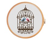 Love birds in a cage - Cross stitch pattern - Valentine's Day - brown pink blue - forged ornament - curls cell - hand embroidery stitches