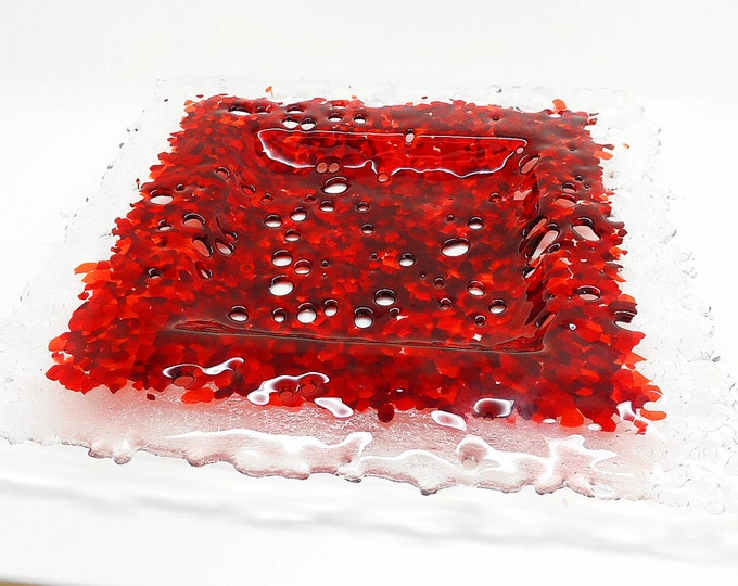 Square red fused glass dish. House and home decor. Gifts for her him. Platter. Wedding anniversary, birthday housewarming, leaving gift idea