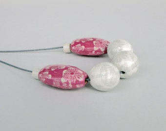 Pink and Light Gray Ceramic Necklace / Ceramic Jewelry / Beaded Necklace / Flowers Necklace / Boho Necklace