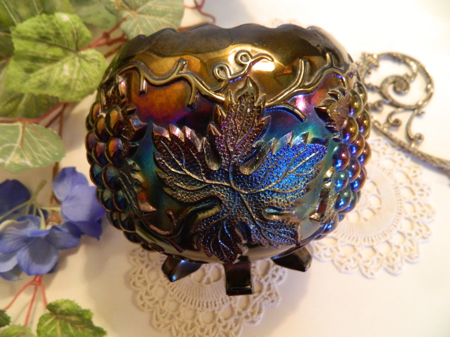 Vintage Iridescent Purple Carnival Glass Footed Rose Bowl With