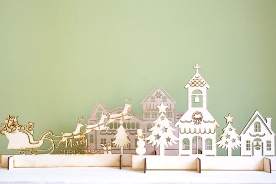 Wood Christmas Village Scene Laser Cut Rustic Christmas