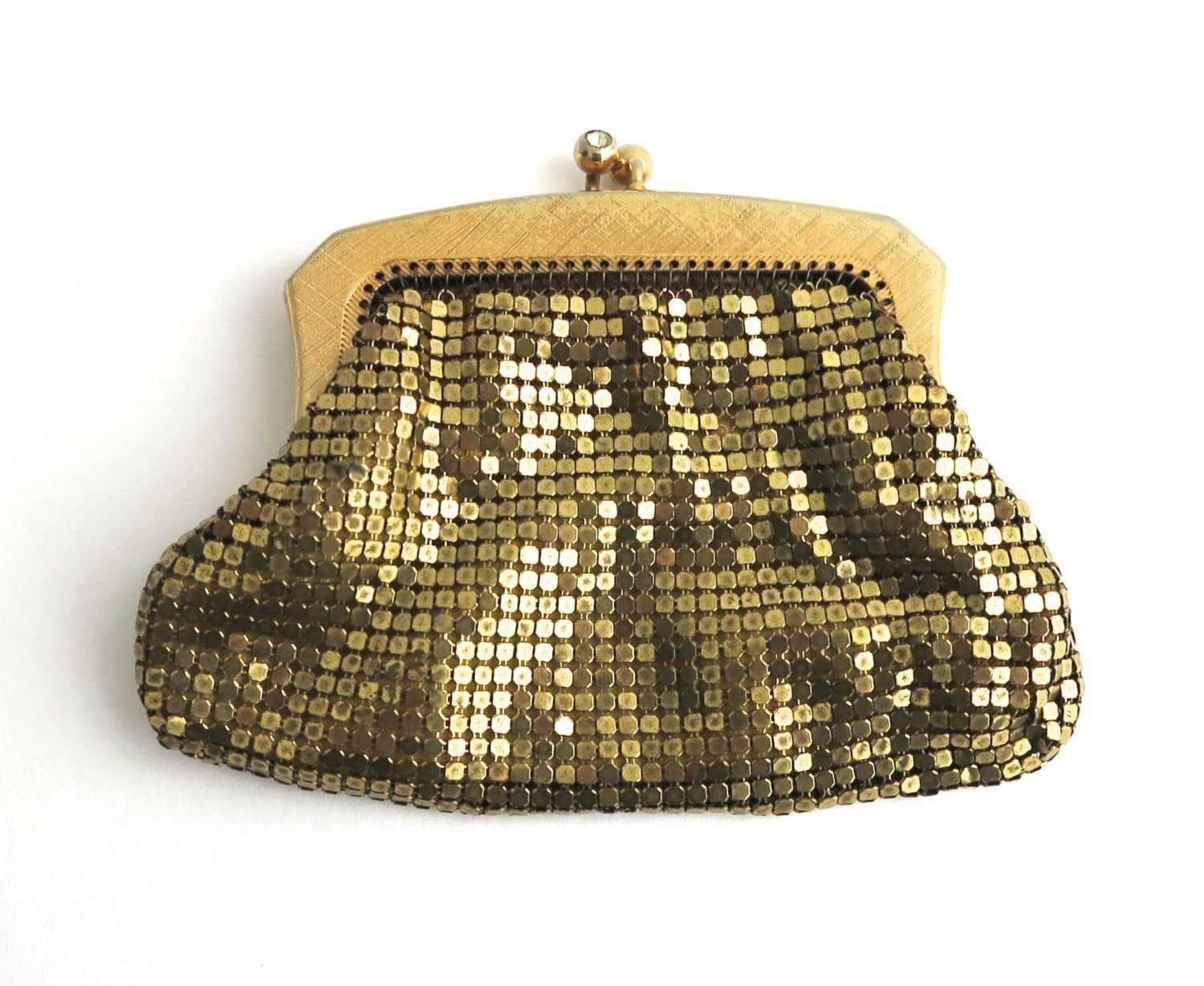 Vintage coin purse gold metal mesh rhinestone topped by CardCurios