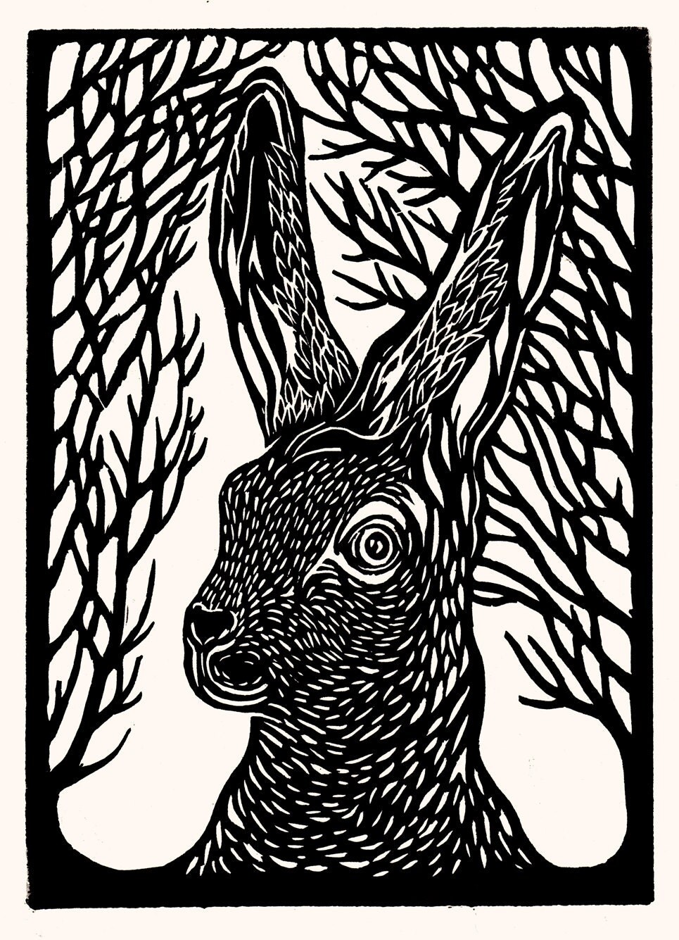 HARE WOODCUT PRINT folk animal art by AnoukAndThePencils on Etsy