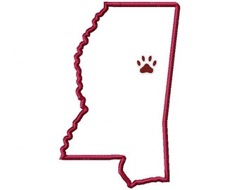 State of Mississippi applique with paw print embroidery design download - 5x7 hoop size