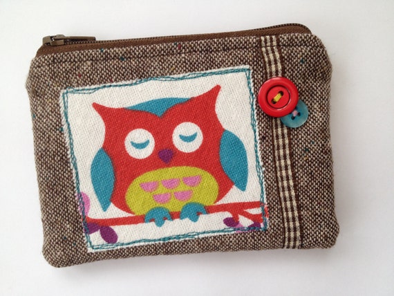 Handmade fabric Owl coin purse pouch small make up bag