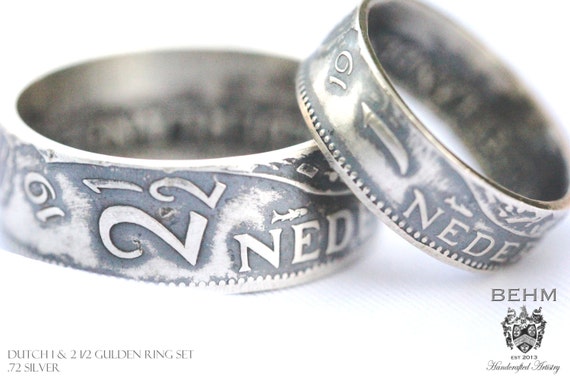 WEDDING SET - Silver Handcrafted Coin Ring - Dutch 1 AND 2 12 Gulden ...