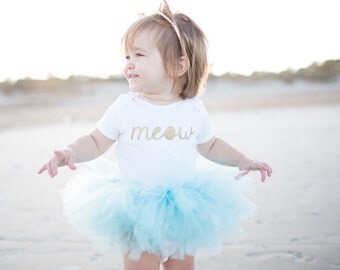 Baby Girl Halloween Kitty Tutu Costume - Toddler Cat Costume - Aqua Tutu, Gold "Meow" Onesie, Gold Cat Ears