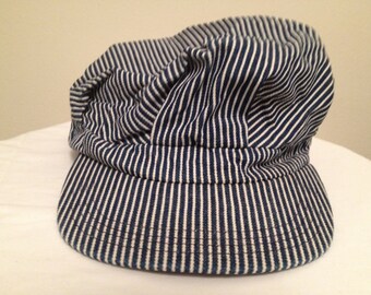 Blue and White Denim striped Train Conductor's hat size 7 1/2 to 7 3/4 ...