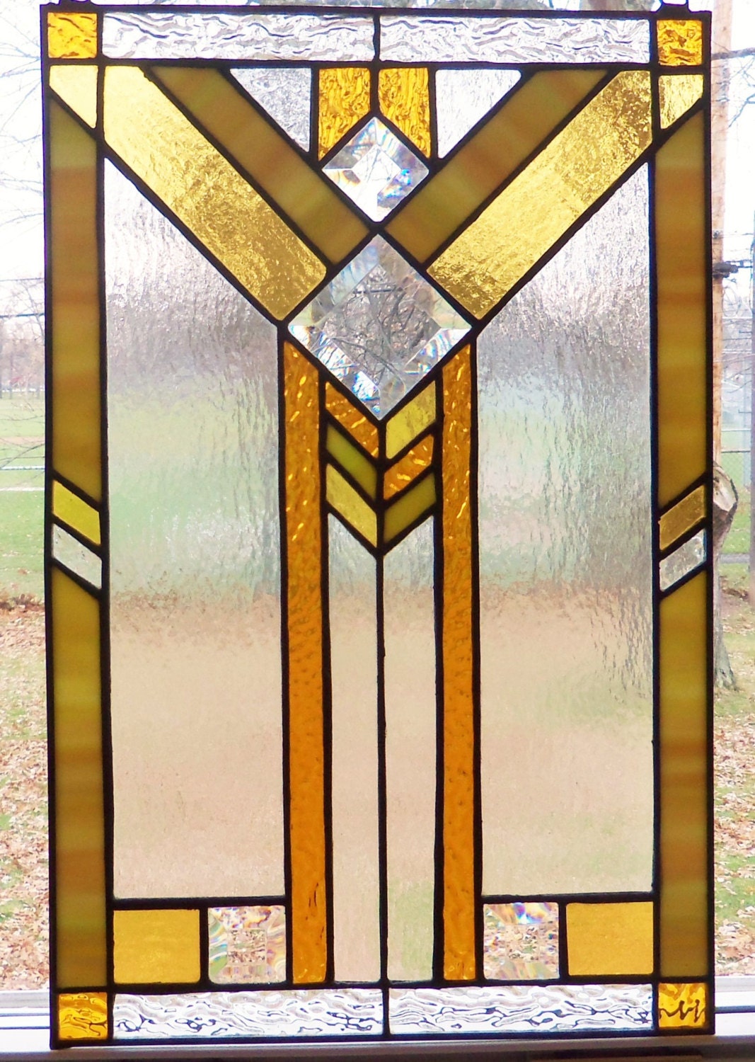 Prairie Style Stained Glass Panel Gold Amber Green and