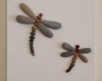 Dragon Flies-Natural Beach Stones/ Pebble Art/ Canvas Art/ Collage/ Rainbow