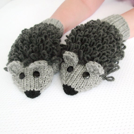 Hand Knitted mittens Adult size Wool Hedgehog by mymomsshop1