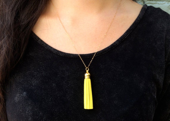 Genuine Yellow Suede Tassel Necklace 14kt Gold Fill Chain Layer Long Necklace Fringe Necklace