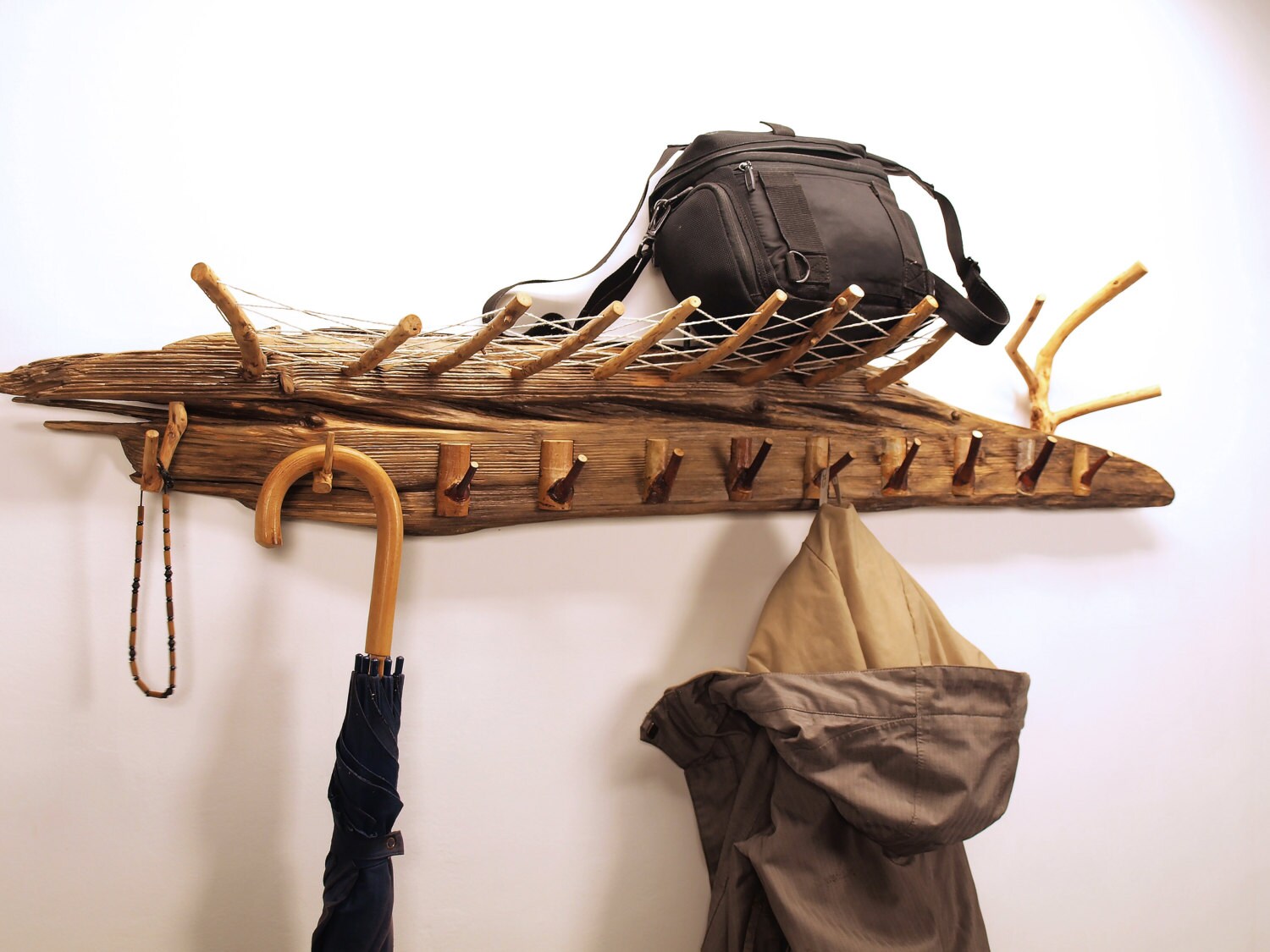 shelf coat rack // driftwood shelf hanger with linen thread