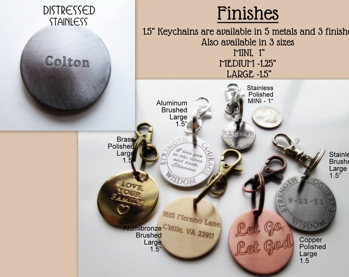 Customizable 1.25" engraved Key-chain, 5 metals, 3 finishes, more fonts, customize 2 sides, letter limits in description, any text keychain