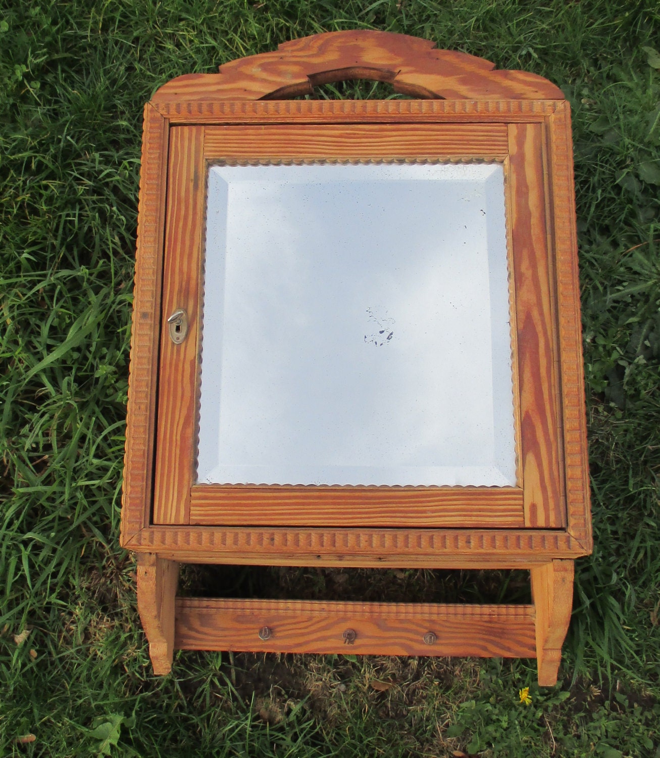 Antique French Carved Wood Medicine Wall Beveled Glass mirror