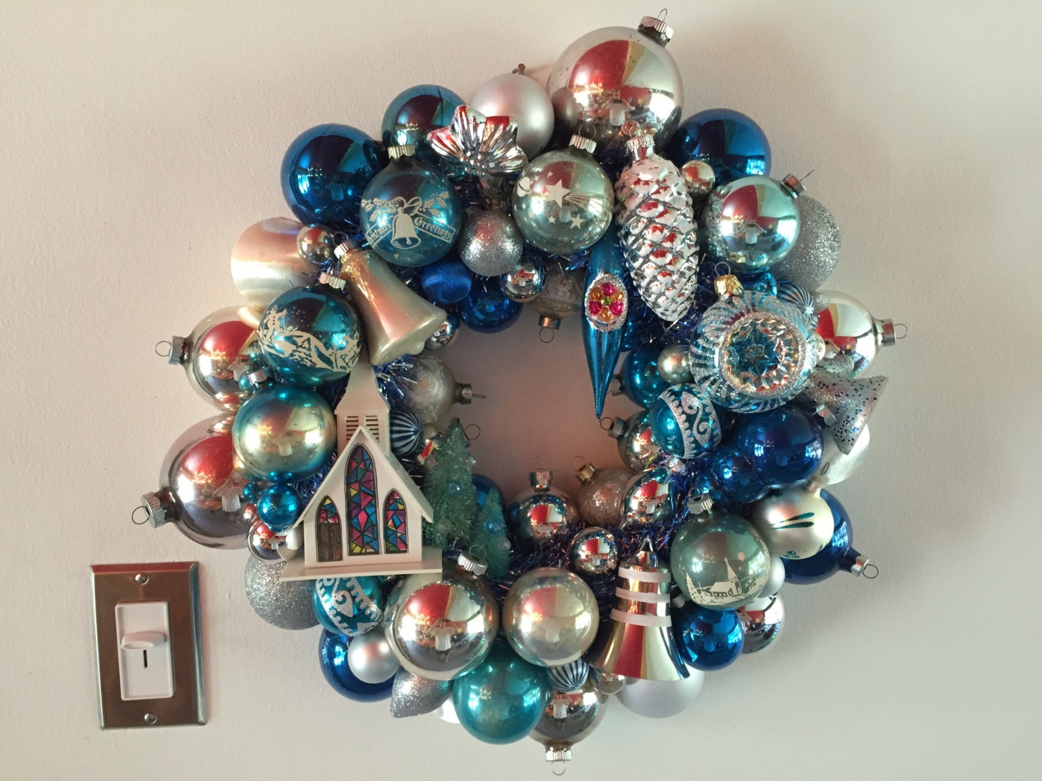 Vintage Christmas Ornament Wreath Blue & Silver with Alpine Village Church - Shiny Brite