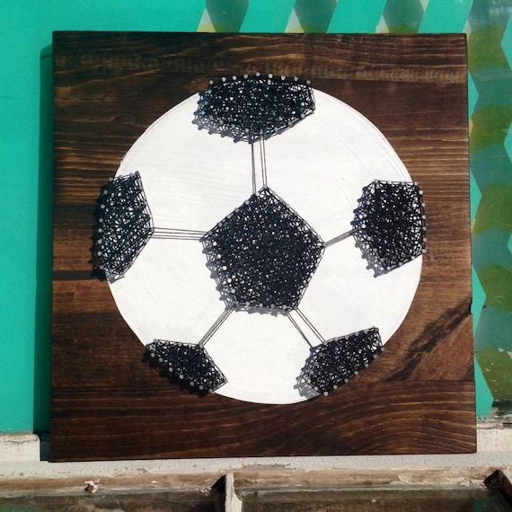 Nail And String Art Soccer Ball On Stained Wood Sign Great