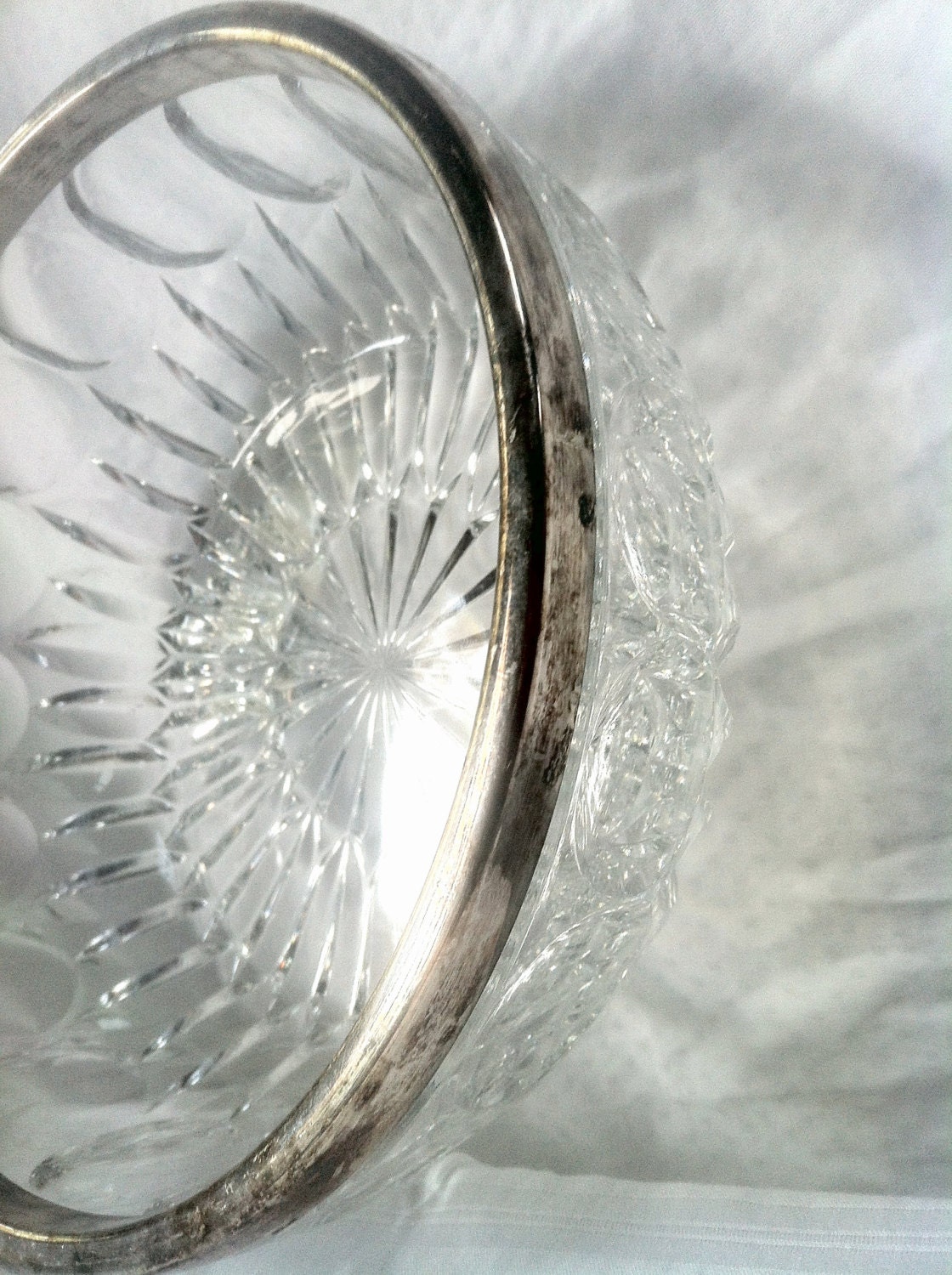 vintage Kiki Cut Glass with Silver Trim Serving Bowl; Regency Cut Glass Serving Dish Haute Juice