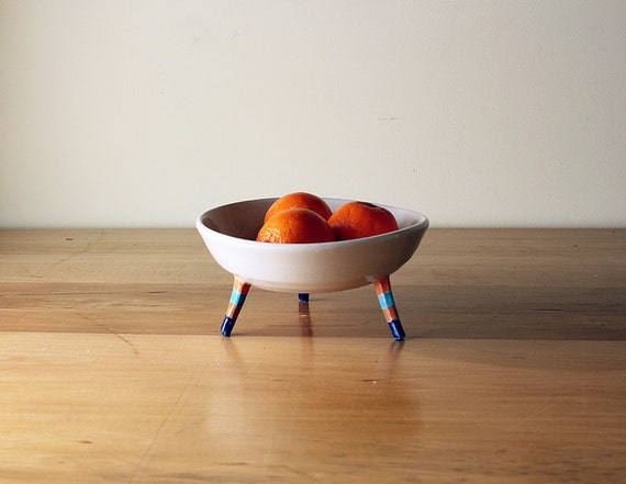 Three-Legged Bowl with Stripes on Legs- orange, turquoise, brown and navy blue - unique fruit bowl on stilts- handmade, Canadian pottery