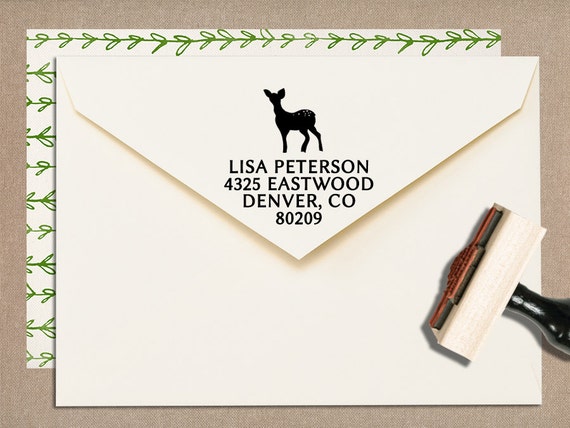 Custom Stamp Return Address // Hand Drawn Deer // Wood Rubber Stamp with Handle // 3" x 1.5"