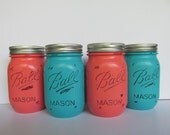 Painted and Distressed Ball Mason Jars- Medium Turquoise and Coral-Set of 4-Flower Vases, Rustic Wedding, Centerpieces Painted and Distressed Ball Mason Jars- Medium Turquoise and Coral-Set of 4-Flower Vases, Rustic Wedding, Centerpieces