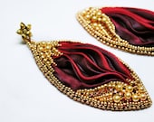 Red Shibori Ribbon silk Earrings with preziosa strass, swarovski pearls, miyuki gold beads,Italian leather, made in italy, orecchini ÑÐµÑ€ÑŒÐ³Ð¸