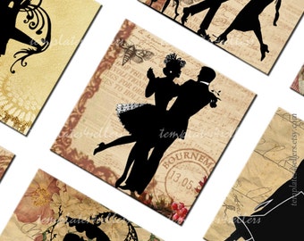 Digital Collage Sheet Silhouettes on Vintage Background 1 inch square original images Scrapbooking Pendants Printable 4x6 inch sheet 145
