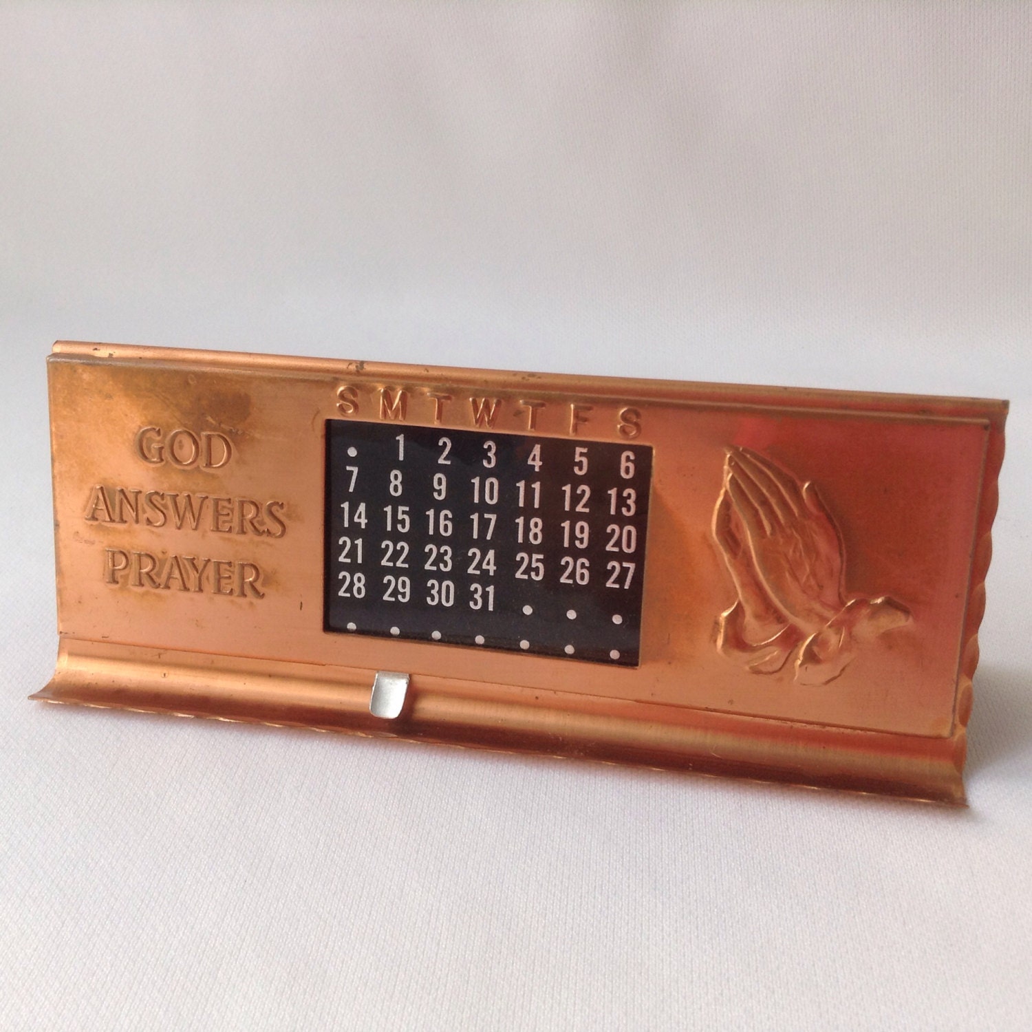 1950's Adjustable Copper Metal Desk Calendar God