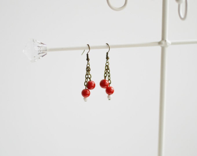 SALE! Earrings metal brass with beads of stone, coral and agate // Merry Christmas