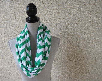 Fabric scarf, Infinity scarf, tube scarf, eternity scarf, loop scarf, chevron scarf, white and green, white scarf, green scarf