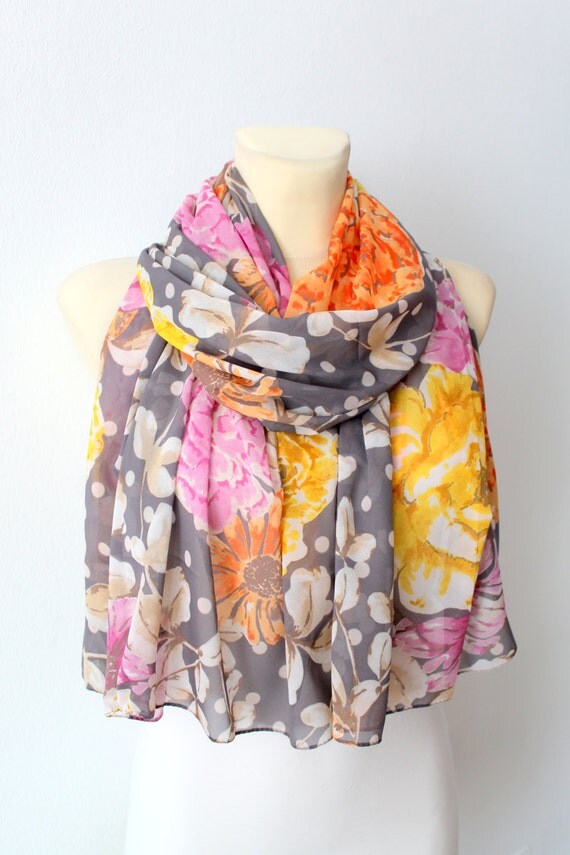 Floral Silk Scarf - Gray Fabric Scarf - Women Fashion Shawl - Unique Silk Scarf - Boho Scarf - Original Scarf - Floral Print Scarf