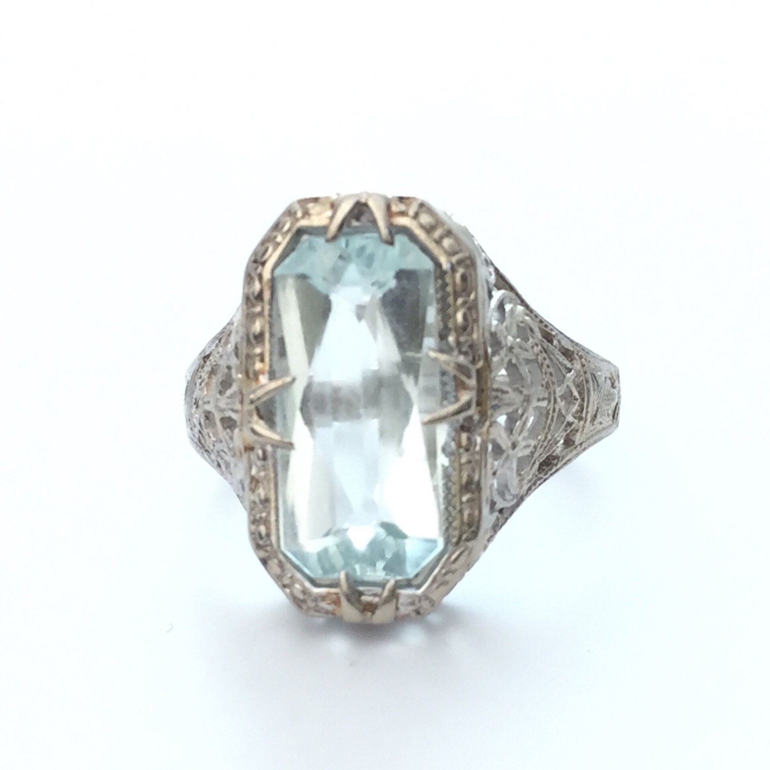 SALE Art Deco Aquamarine Filigree Ring 14k White by BrocktonGems